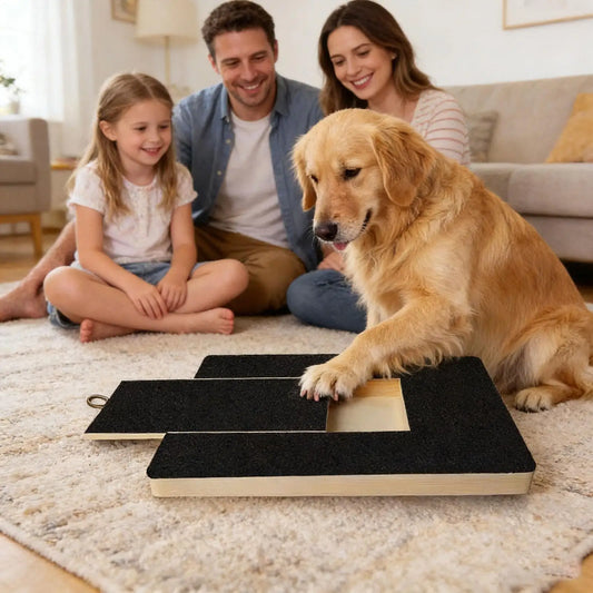 PawScrub Pro – Hunde-Kratzbrett aus Holz mit Leckerli-Box & Schleiffläche für Spiel & Pflege
