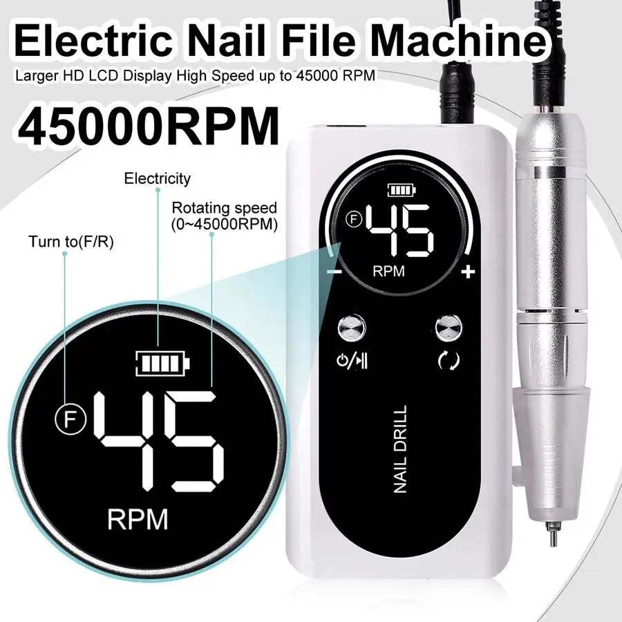 NailDrill Pro 45K – Tragbare, wiederaufladbare & geräuscharme Nagelbohrmaschine für Gel & Acry