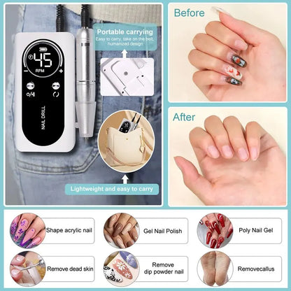 NailDrill Pro 45K – Tragbare, wiederaufladbare & geräuscharme Nagelbohrmaschine für Gel & Acry
