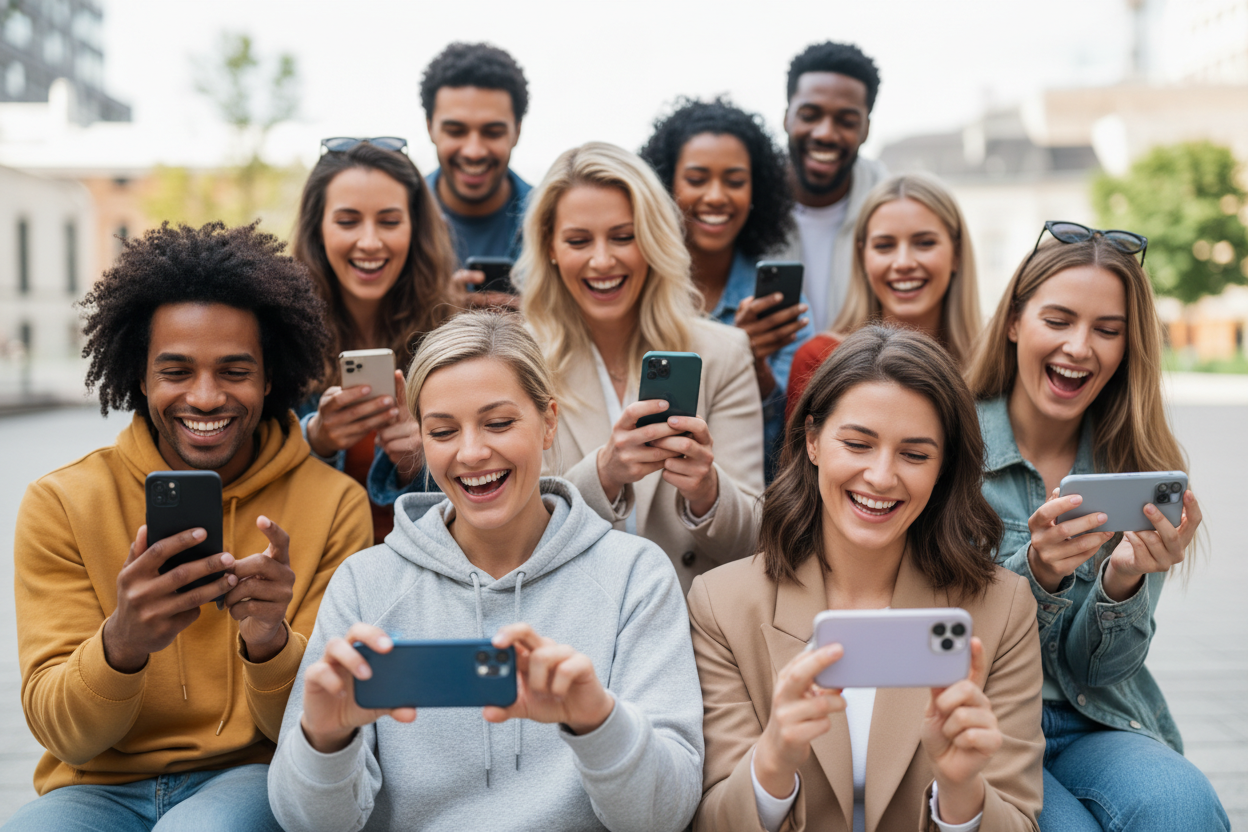 begeisterte personen mit handy in der hand (handyfreundlich gemach das bild)